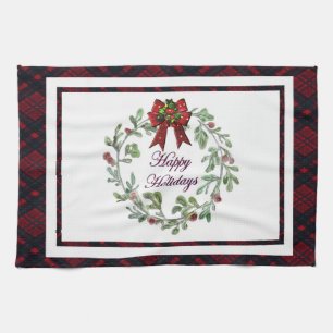 Happy Holidays Red Plaid Tea Towel
