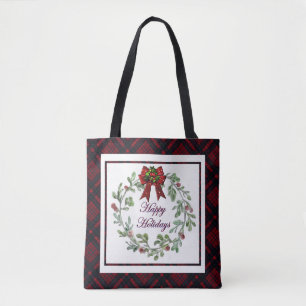 Happy Holidays Red Plaid Tote Bag