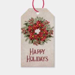 Happy Holidays Red Poinsettia Flowers Wreath Gift Tags