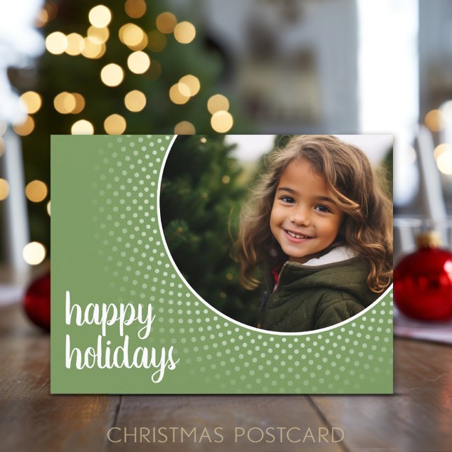 Happy Holidays - Red Polka Dot Border Holiday Postcard (A minimal design holiday postcard with 1 photo on the front with a green polka dot border)