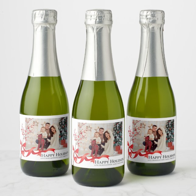 Happy Holidays Red Ribbon Photo | Christmas Sparkling Wine Label (Bottles)