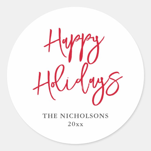 Happy Holidays Red Script Modern   Classic Round Sticker (Front)