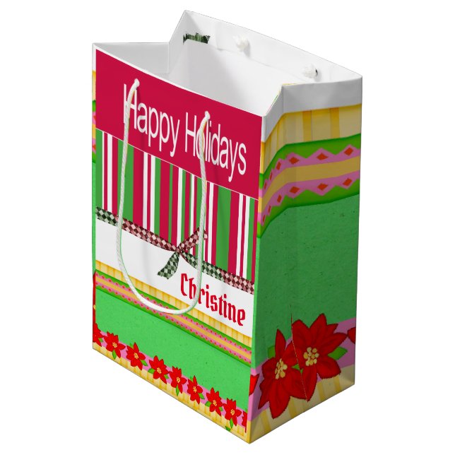Happy Holidays Red Stripe Christmas Gift Bags (Front Angled)