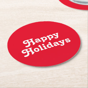 "Happy Holidays" red white Christmas Holiday Round Paper Coaster