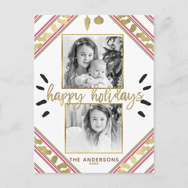 Happy Holidays Red White Green Stripes Photo Holiday Postcard (Front)