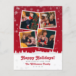 Happy Holidays! Red & White Modern Snowy Christmas Holiday Postcard
