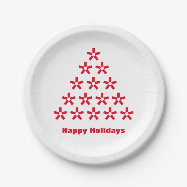 Happy Holidays red white snow Stars Tree Paper Plate (Front)