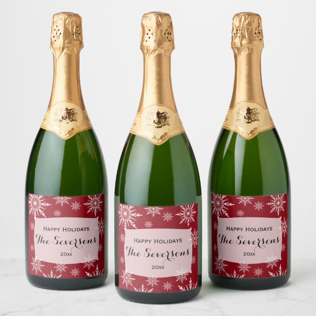 Happy Holidays Red White Snowflakes Sparkling Wine Label (Bottles)