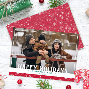 Happy Holidays Red White Winter Snowflake Photo Holiday Card