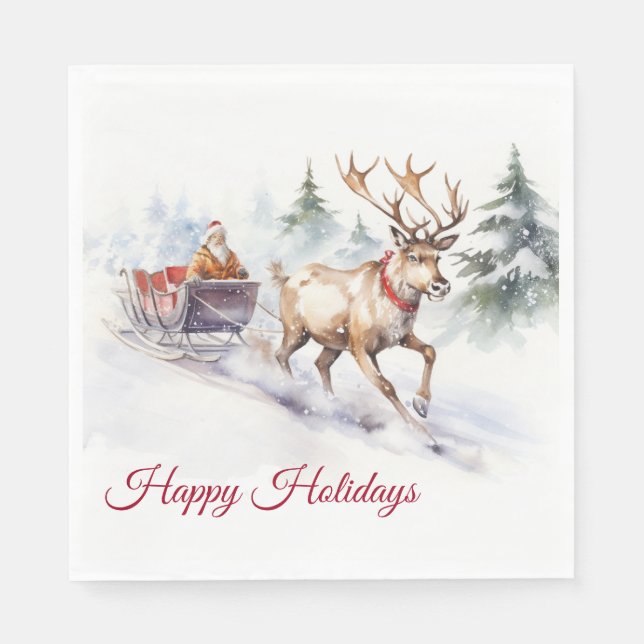 Happy Holidays Reindeer And Santa Claus Napkin (Front)