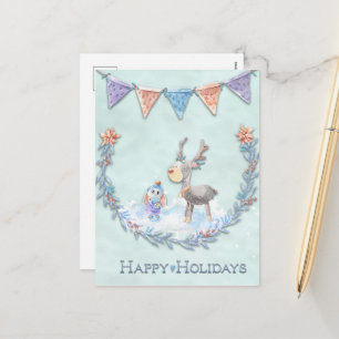Happy Holidays Reindeer Bunny Wreath Snow Scene Holiday Postcard