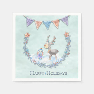 Happy Holidays Reindeer Bunny Wreath Snow Scene Napkin