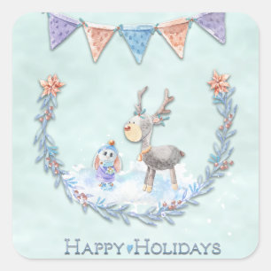 Happy Holidays Reindeer Bunny Wreath Snow Scene Square Sticker