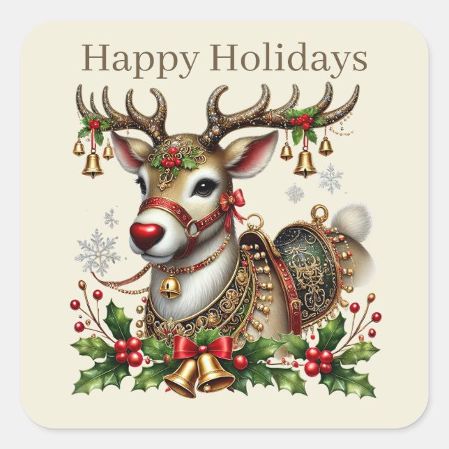 Happy Holidays reindeer Christmas add text Square Sticker (Front)