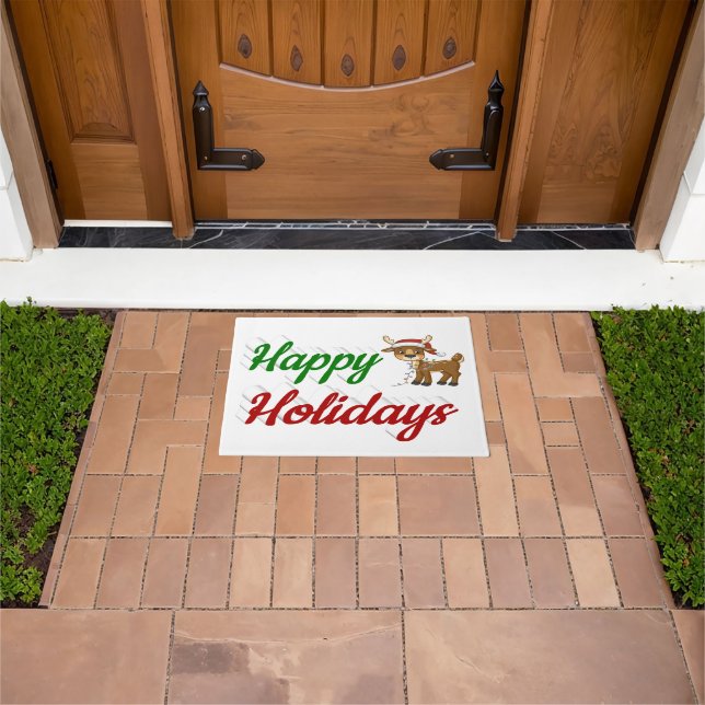 Happy Holidays Reindeer Christmas script Doormat (Outdoor)