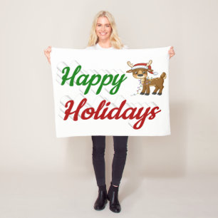 Happy Holidays Reindeer Christmas script Fleece Blanket