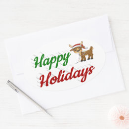 Happy Holidays Reindeer Christmas script Oval Sticker