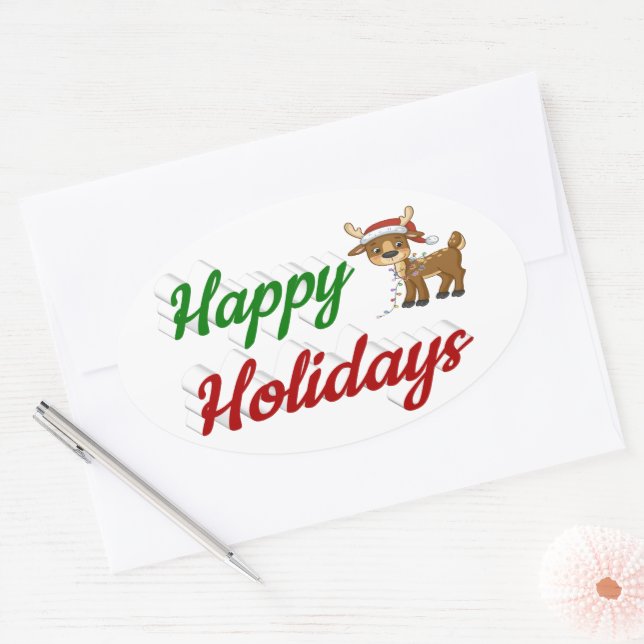 Happy Holidays Reindeer Christmas script Oval Sticker (Envelope)