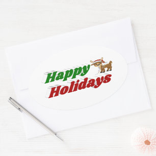 Happy Holidays Reindeer Christmas typography Oval Sticker