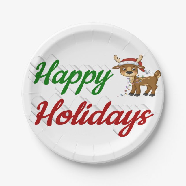 Happy Holidays Reindeer script Christmas  Paper Plate (Front)