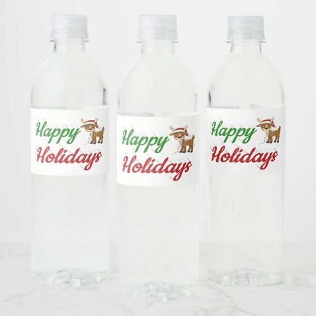 Happy Holidays Reindeer script Christmas Water Bottle Label (Bottles)