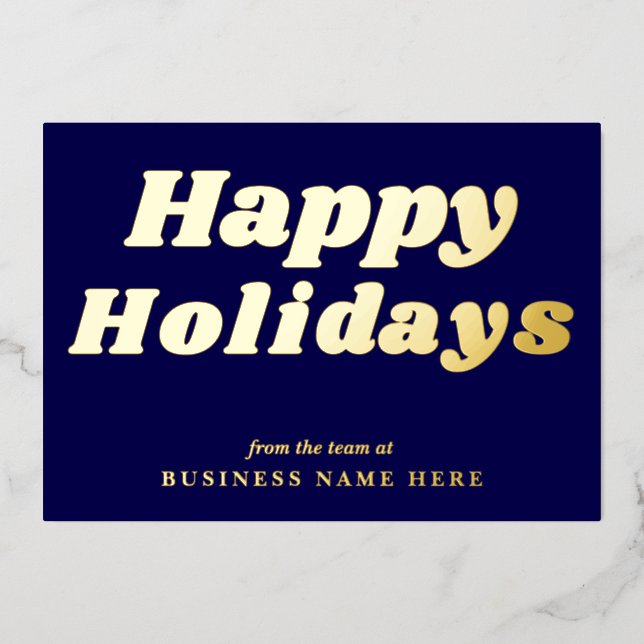 Happy Holidays Retro groovy Blue Gold Business Foil Holiday Card (Front)