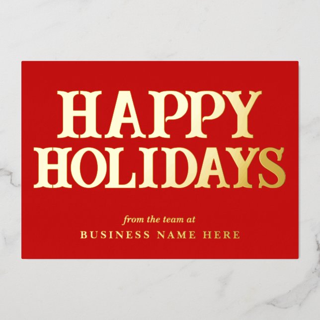 Happy Holidays Retro Red Gold Business  Foil Holiday Card (Front)