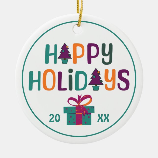 Happy Holidays Retro Year Christmas Ceramic Ornament (Front)