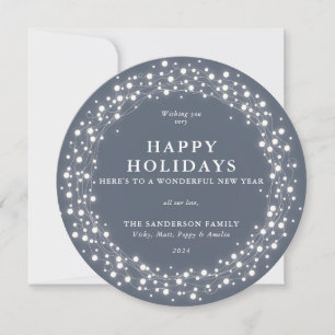 Happy Holidays Round Blue-Grey Sparkling Lights Holiday Card
