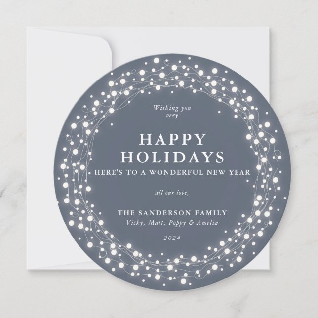 Happy Holidays Round Blue-Grey Sparkling Lights Holiday Card (Front)