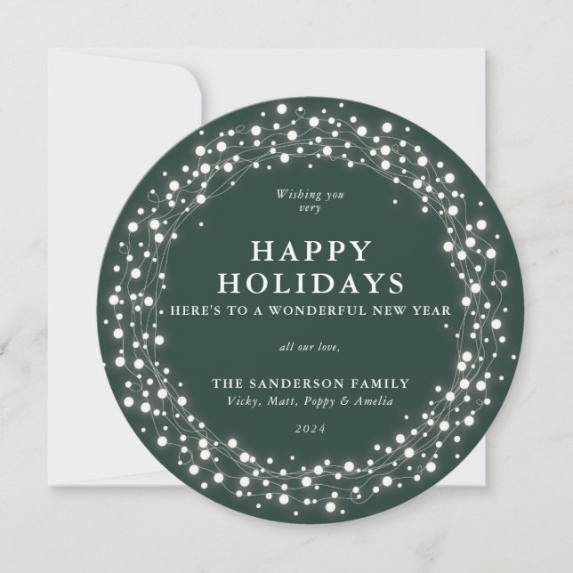 Happy Holidays Round Green Sparkling Lights Holiday Card (Front)