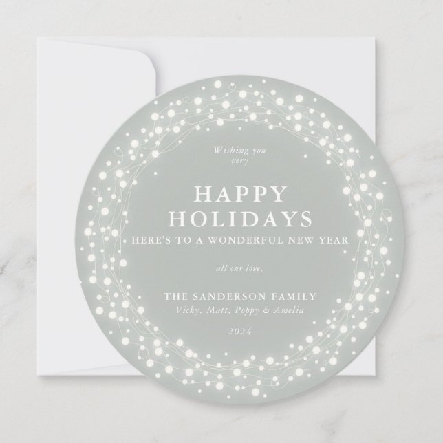 Happy Holidays Round Grey-Green Sparkling Lights Holiday Card (Front)
