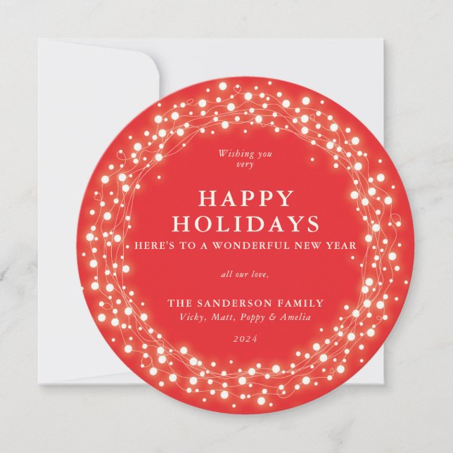 Happy Holidays Round Red Sparkling Lights Holiday Card (Front)