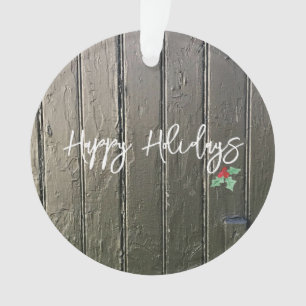 Happy Holidays Rustic Black Barn Door Holly PHOTO Ornament