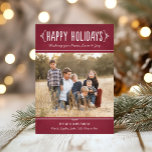 Happy Holidays Rustic Burgundy Family Photo Holiday Card<br><div class="desc">Send warm seasonal wishes with this classic burgundy holiday card featuring a hand-lettered “Happy Holidays” greeting and a sweet “Peace, Love Joy” sentiment. The clean, photo-forward layout keeps your family picture front and center. Includes a bonus photo on the back for an extra personal touch. Front photo photography © Storytree...</div>
