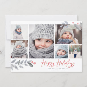 Happy Holidays Rustic Floral Multi-Photo Collage Holiday Card
