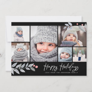 Happy Holidays Rustic Floral Multi-Photo Collage Holiday Card
