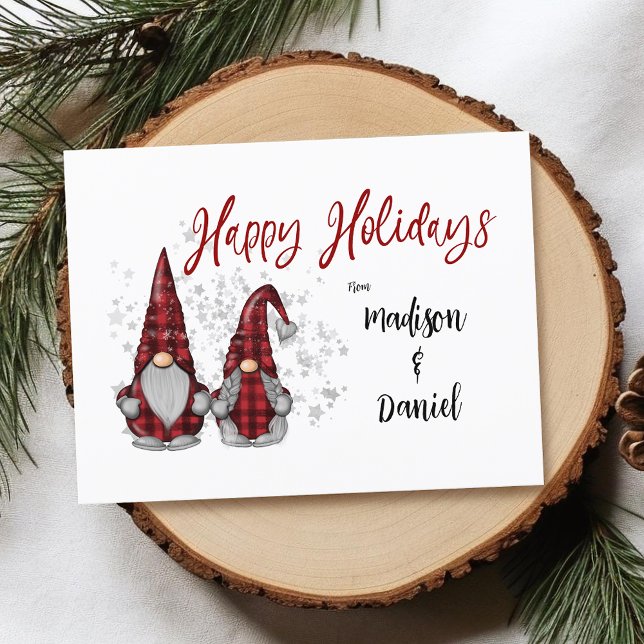 Happy Holidays Rustic Gnomes in Red Buffalo Plaid Holiday Postcard (Creator Uploaded)