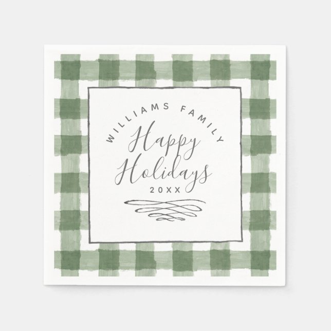 Happy Holidays Rustic Green Gingham Paper Napkin (Front)