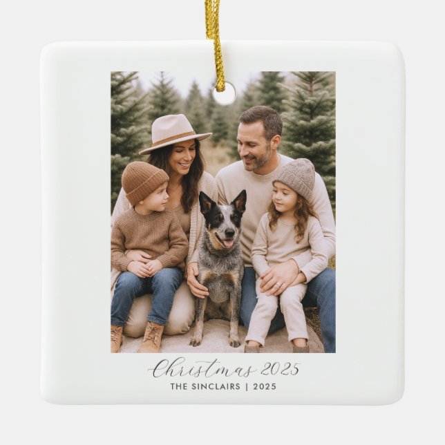Happy Holidays Rustic Minimalist Family Photo Ceramic Ornament (Front)