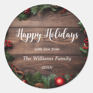 "Happy Holidays!" Rustic, Wood, Christmas Classic Round Sticker