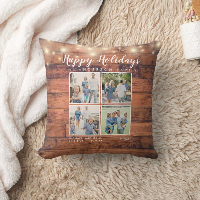 Happy Holidays Rustic Wood String Lights Photo Cushion (Blanket)