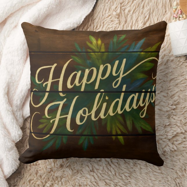 Happy Holidays Rustic Wooden Boards Painted Blue Cushion (Blanket)