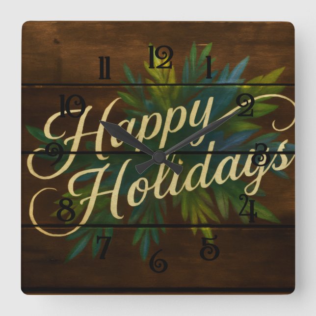 Happy Holidays Rustic Wooden Boards Painted Blue Square Wall Clock (Front)