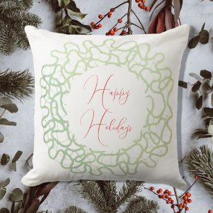 Happy Holidays rustic wreath green white red  Cushion