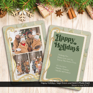 Happy Holidays Sage Green and Gold 3 Photo Card