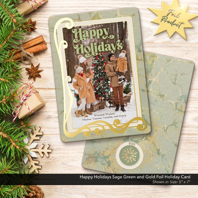 Happy Holidays Sage Green and Gold Foil Holiday Card (Say Happy Holidays with this luxurious gold foil greeting card.)