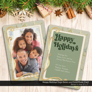 Happy Holidays Sage Green and Gold Photo Card