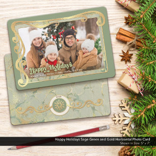 Happy Holidays Sage Green & Gold Photo Card