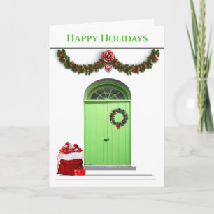 Happy Holidays Santa Bag Green Doors Christmas Holiday Card
